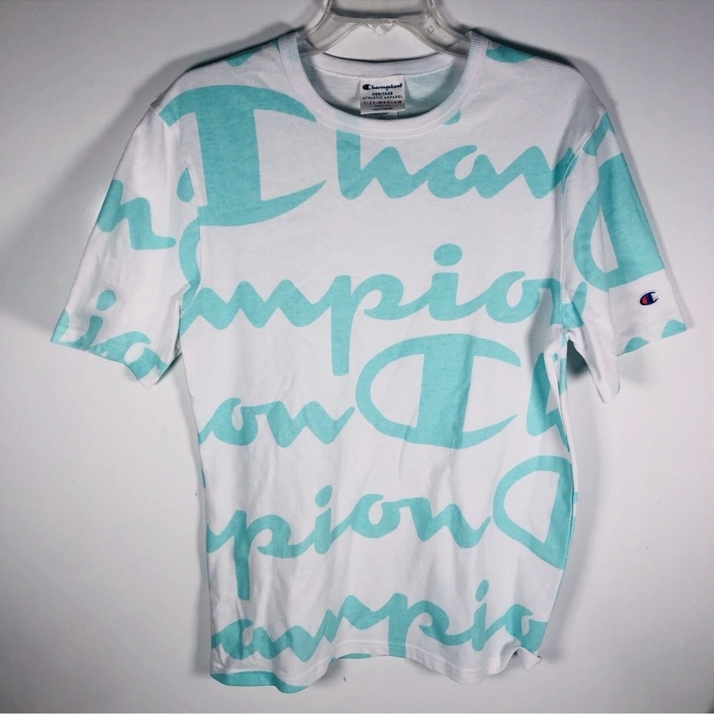 Champion Heritage EUC All Over Giant Script Logo Heavy T-Shirt Teal Men's Size M